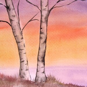 Original watercolor painting, watercolor landscape painting, birch trees