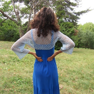 Blue lace summer shrug women cotton bolero hand knit jacket lightweight crochet sweater beach mesh cover up loose crop cardigan long sleeve
