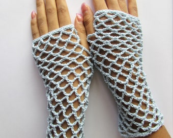 Blue lace fingerless mittens - Mesh mittens - Weddind mittens - Cotton fingerless mittens