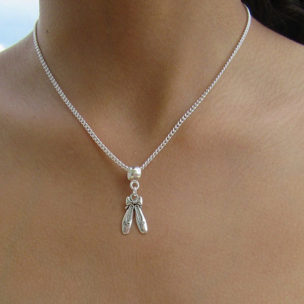 Ballet Shoes Necklace, Antique Silver Charm, Ballet Shoe Pendant on Sterling Silver Chain, Dancer gift.