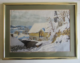 Vintage Gobelin/Tapestry/ Cross Stitch, Needlepoint,Handmade Art,Collectable Art,Landscape,Winter Landscape,Wall art