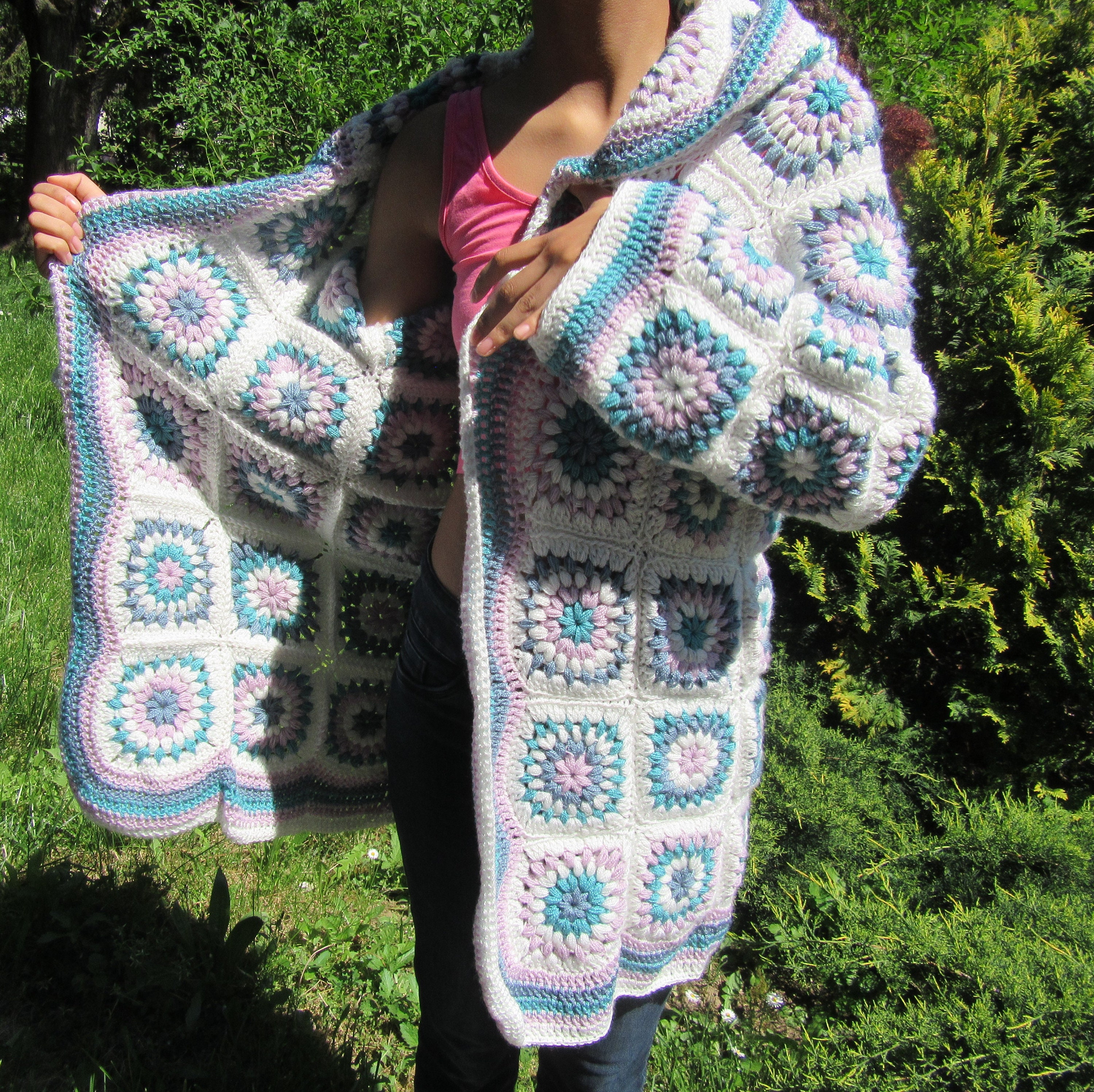 Granny Squares Cardigan Hoodie Hoody Afghan Crochet Cardigan  Hooded Granny Square Jacket Women Crochet Wear  Patchwork Cardigan