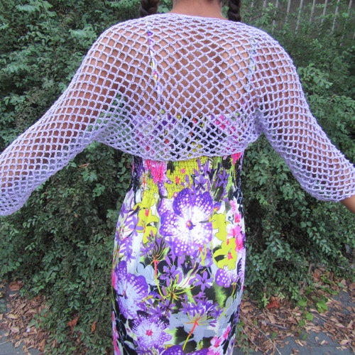 Lilac Lace Summer Shrug Women Cotton Bolero Hand Knit Jacket Lightweight Crochet Sweater Beach Mesh Cover Up Loose Crop Cardigan Long Sleeve