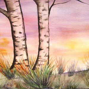 Original watercolor painting, watercolor landscape painting, birch trees