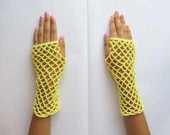 Yellow lace fingerless mittens - Mesh mittens - Weddind mittens - Cotton fingerless mittens