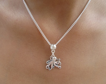 Antique Silver Octopus Charm Necklace - Octopus  Pendant-Gift Bag-Unisex Jewellery Silver plaited