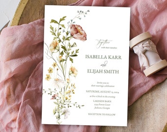 Boho Floral Wedding Invitation Template, Printable Spring Summer Suite (Digital Download)