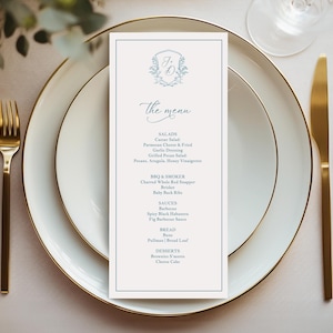 VINTAGE WEDDING MENU Editable template, Romantic crest wedding, Classic formal crest, Corjl, drink menu, Printable, templett, Jasmine