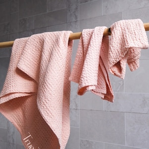 Lachs Waffel Leinen Badetücher Pink Leinen Badetuch Set Hand Gesicht Körpertuch Natürlich erweicht stonewashed Leinen Bio-Flachs