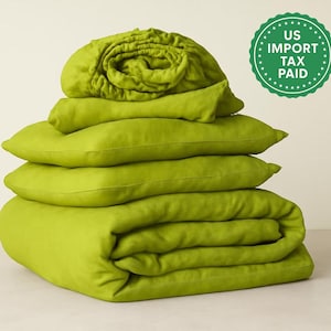 Parure de lit 4 pièces en lin adouci vert chartreuse 1 housse de couette et 1 drap-housse et 2 taies d'oreiller Différents types de fermetures Dimensions personnalisées