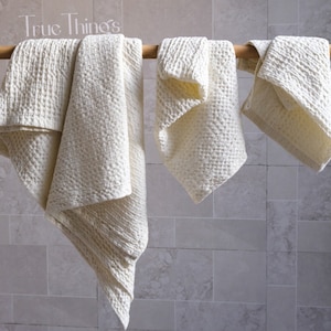 Ivory waffle linen bath towels Yellow linen bath towel set Hand face body towel Natural softened stonewashed linen Organic flax