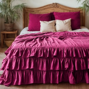 60 colors linen triple ruffled bedding set Duvet cover and 2 pillowcases with ruffles Softened linen Comforter cover set Quilt cover set