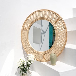 Large rattan wicker mirror Cane webbing mirror Bohemian home decor Boho decor Round framed decorative mirror Bamboo entryway mirror