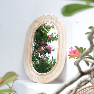 Large rattan wicker mirror Cane webbing mirror Bohemian home decor Boho decor Oval framed decorative mirror Bamboo entryway mirror