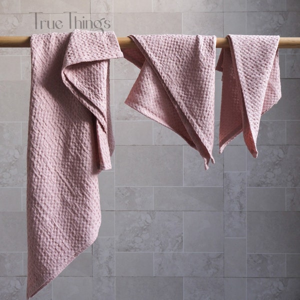 Rose pink waffle linen bath towels Pink linen bath towel set Hand face body towel Natural softened stonewashed linen Organic flax