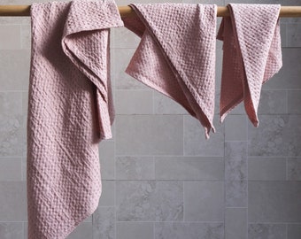 Rose pink waffle linen bath towels Pink linen bath towel set Hand face body towel Natural softened stonewashed linen Organic flax