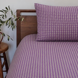 Lençol de linho xadrez roxo, roupa de cama xadrez lavanda, lençol de linho europeu macio, decoração estilo casa de campo, tamanhos personalizados King e Queen.