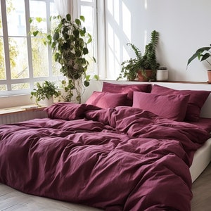 Burgundy linen duvet cover 1 duvet cover Softened linen Purple comforter cover Coconut buttons Ribbon ties   Hidden closure
