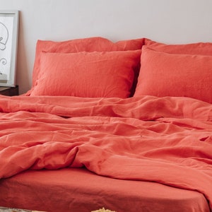Coral linen bedding set Duvet cover and 2 Pillowcases in orange color Duvet cover set Comforter cover set Coconut buttons Ribbon ties