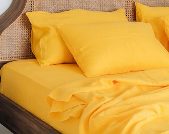 Bright yellow linen sheet set 1 flat sheet and 1 fitted sheet and 2 pillowcases Softened linen bedding Stonewashed Yellow bedding set