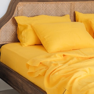 Bright yellow linen sheet set 1 flat sheet and 1 fitted sheet and 2 pillowcases Softened linen bedding Stonewashed Yellow bedding set