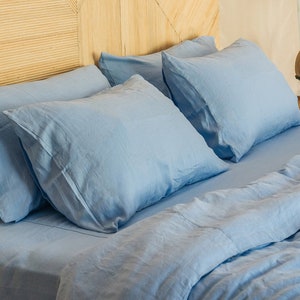 Cornflower blue linen bedding set 1 Duvet cover and 2 Pillowcases Softened linen comforter cover set Coconut buttons Ribbon ties