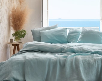 Sea glass linen duvet cover 1 duvet cover Softened linen Blue green comforter cover Coconut buttons Ribbon ties