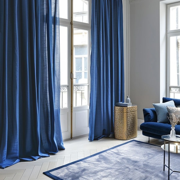 Royal blue regular and blackout linen curtains 2 panels Unlined Cotton Blackout lining Medium weight linen Custom size