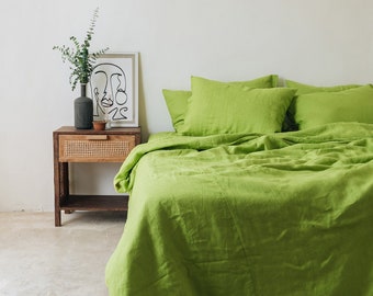 Chartreuse green linen bedding set 1 Duvet cover and 2 Pillowcases Softened linen bedding Comforter cover set Quilt cover set