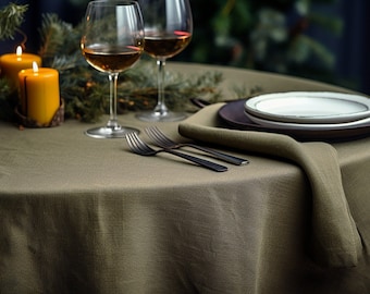 Linen Tablecloth Dark Olive, Custom Size Stonewashed Linen Table Cloth, Rustic Rectangle Round Square Tablecloth, Sustainable Home Gift