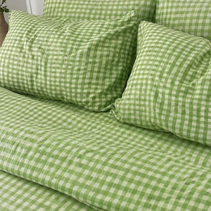 Drap de lin Vichy vert naturel, Literie douce et respirante, Dimensions personnalisées