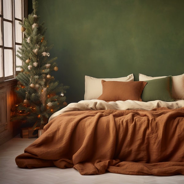 Christmas cinnamon linen coverlet with or without filling Softened linen Medium weight Double Queen California King Custom size bed cover
