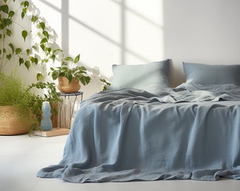 Dusty blue linen sheet set 1 flat sheet and 1 fitted sheet and 2 pillowcases Softened linen bedding Stonewashed Blue bedding set