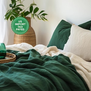 Forest green linen coverlet with or without filling Softened linen Medium weight Emerald green custom size bed cover