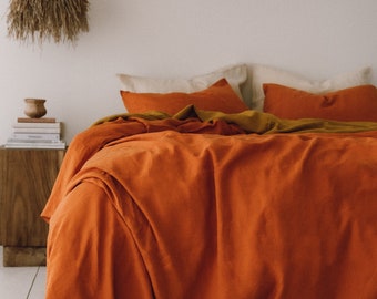 Burnt orange linen duvet cover 1 duvet cover Softened linen Burnt orange comforter cover Quilt cover Coconut buttons   Ribbon ties