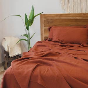 Redwood linen sheet set 1 flat sheet and 1 fitted sheet and 2 pillowcases Softened linen bedding Stonewashed Red bedding set