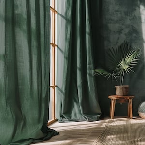 Pine green regular and blackout linen curtains 2 panels Unlined Cotton Blackout lining Medium weight linen Custom size