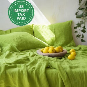 Chartreuse green linen coverlet with or without filling Softened linen Medium weight Double Queen California King Custom size bed cover
