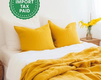 Turmeric linen coverlet with or without filling Softened linen Medium weight Double Queen California King Custom size bed cover