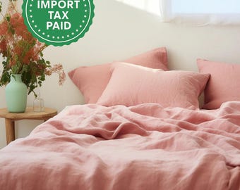 Funda nórdica de lino rosa atardecer 1 funda nórdica Lino suavizado Funda nórdica rosa Funda nórdica rosa Botones de coco Lazos de cinta
