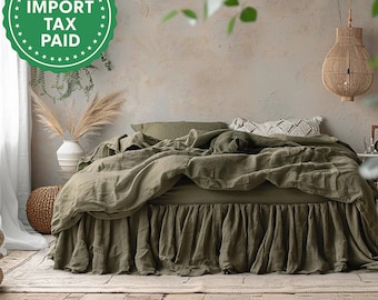 Mörk olivfärgad och andra färger Sängkjol i mjuk linne Sängkjol i grönt dammvolang Stentvättat linne Bröllopspresent Queen King