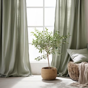 Gray sage regular and blackout linen curtains 2 panels Unlined Cotton Blackout lining Medium weight linen Custom size