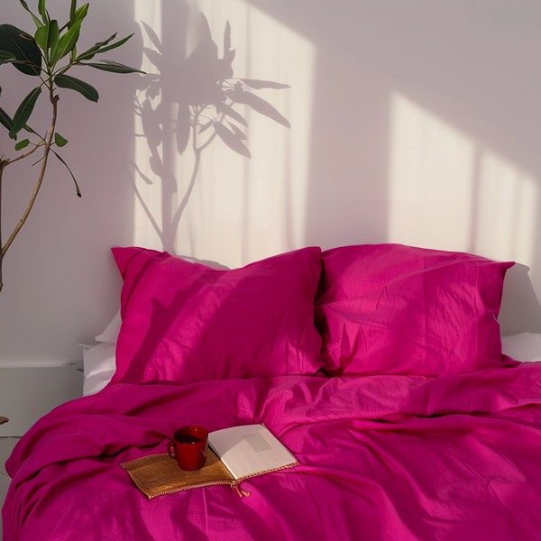 Fuchsia linen pillowcase Bright Pink pillow cover King Queen Standard Euro Toddler Decorative, Custom size Envelope closure