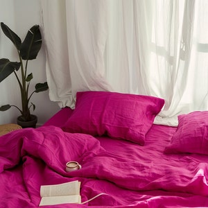 Fuchsia linen bedding set 1 Duvet cover and 2 Pillowcases Softened linen bedding Bright pink comforter cover set Quilt cover set