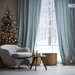 Christmas sky blue regular and blackout linen curtains 2 panels Unlined Cotton Blackout lining Medium weight linen Custom size