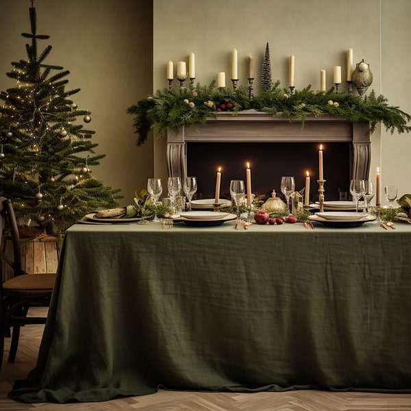 Dark olive rectangle linen tablecloth Christmas theme round square tablecloth Olive rustic linen table cloth Stonewashed linen Custom sizes