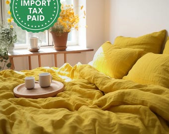 Mustard linen duvet cover 1 duvet cover Softened linen Yellow comforter cover Quilt cover Coconut buttons   Ribbon ties
