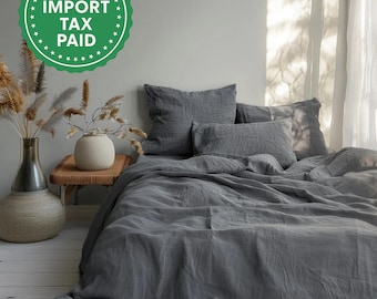 Dark Gray Melange Linen Blanket With or Without Filling Softened