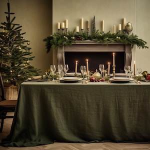 Dark olive rectangle linen tablecloth Christmas theme round square tablecloth Olive rustic linen table cloth Stonewashed linen Custom sizes