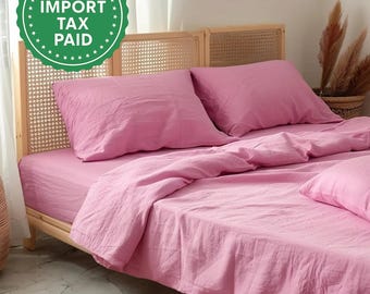 Bubble gum linen fitted sheet 1 Fitted sheet Softened linen sheet Stonewashed linen Linen bedsheet Pink linen sheet
